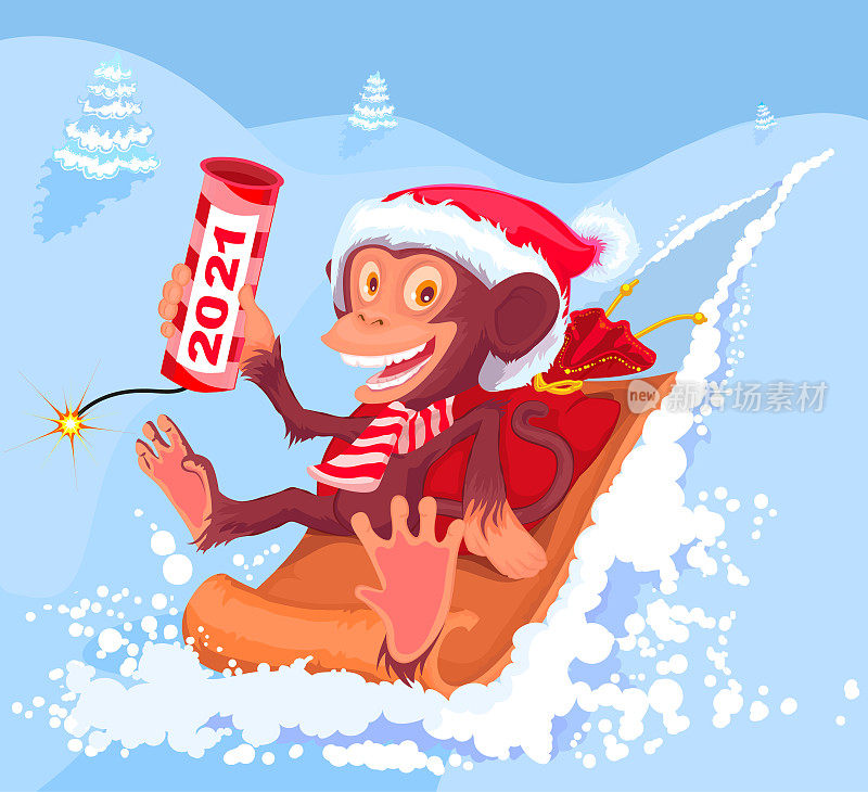 Monkey on sled rides down mountain. Christmas vacation break firecracker 2021
